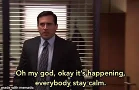 Steve Carell as Michael Scott in the US Office, saying 'It's happening! Everybody stay calm!'